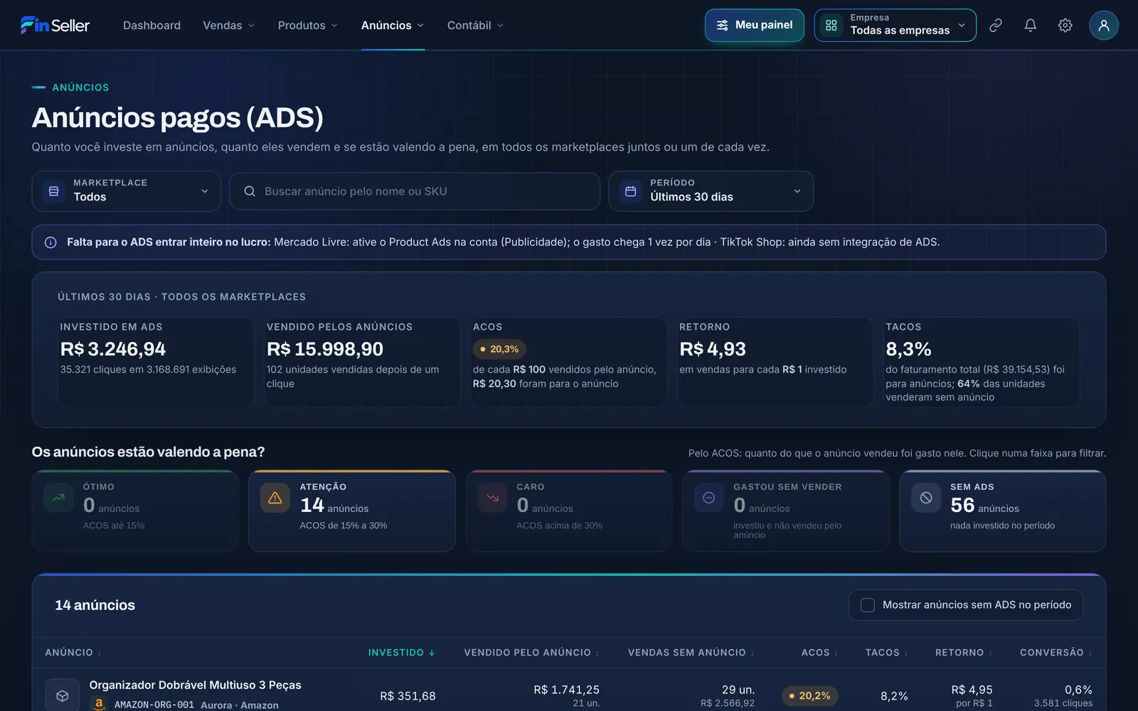 Tela de anúncios pagos do Fin Seller