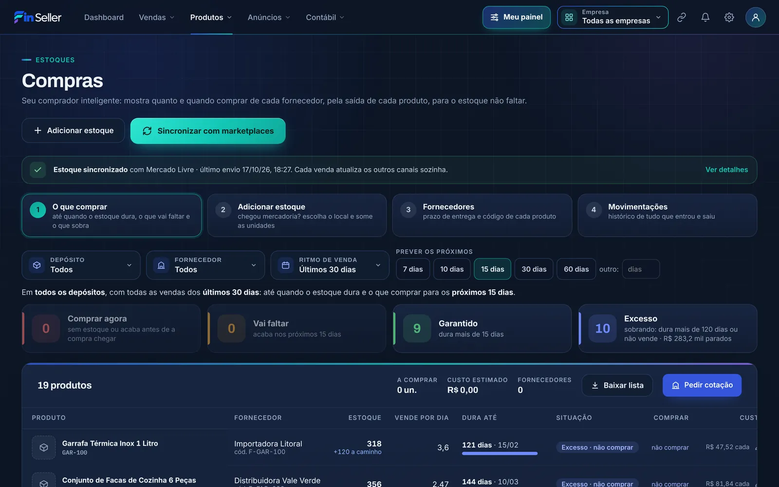 Compras e estoque do Fin Seller