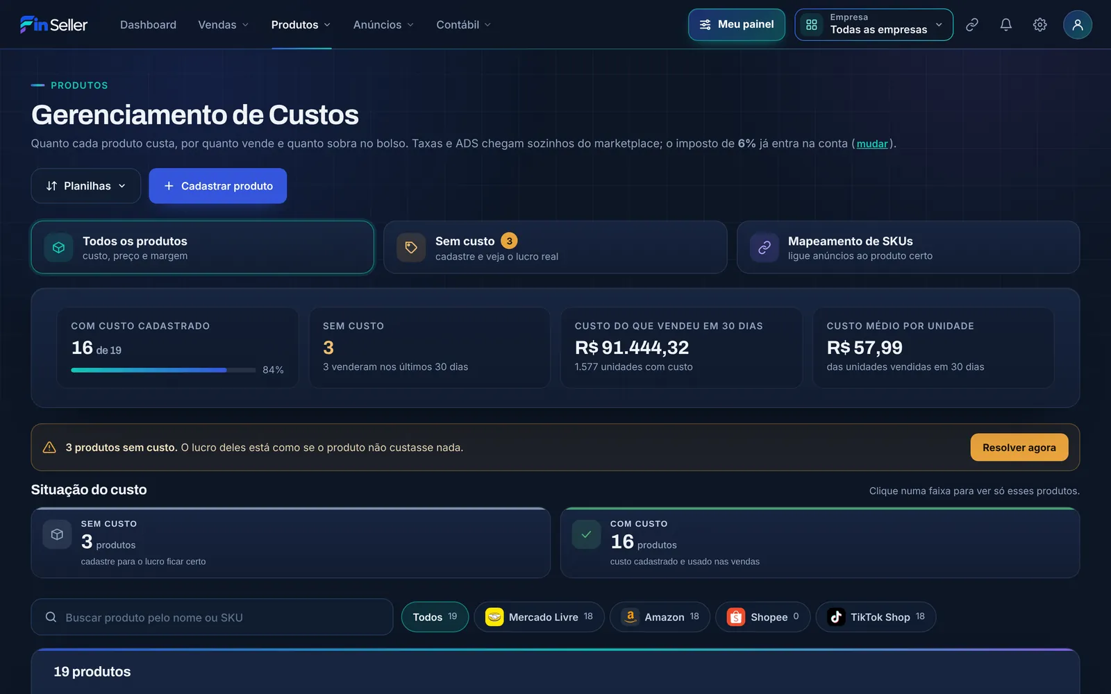 Gerenciamento de custos do Fin Seller